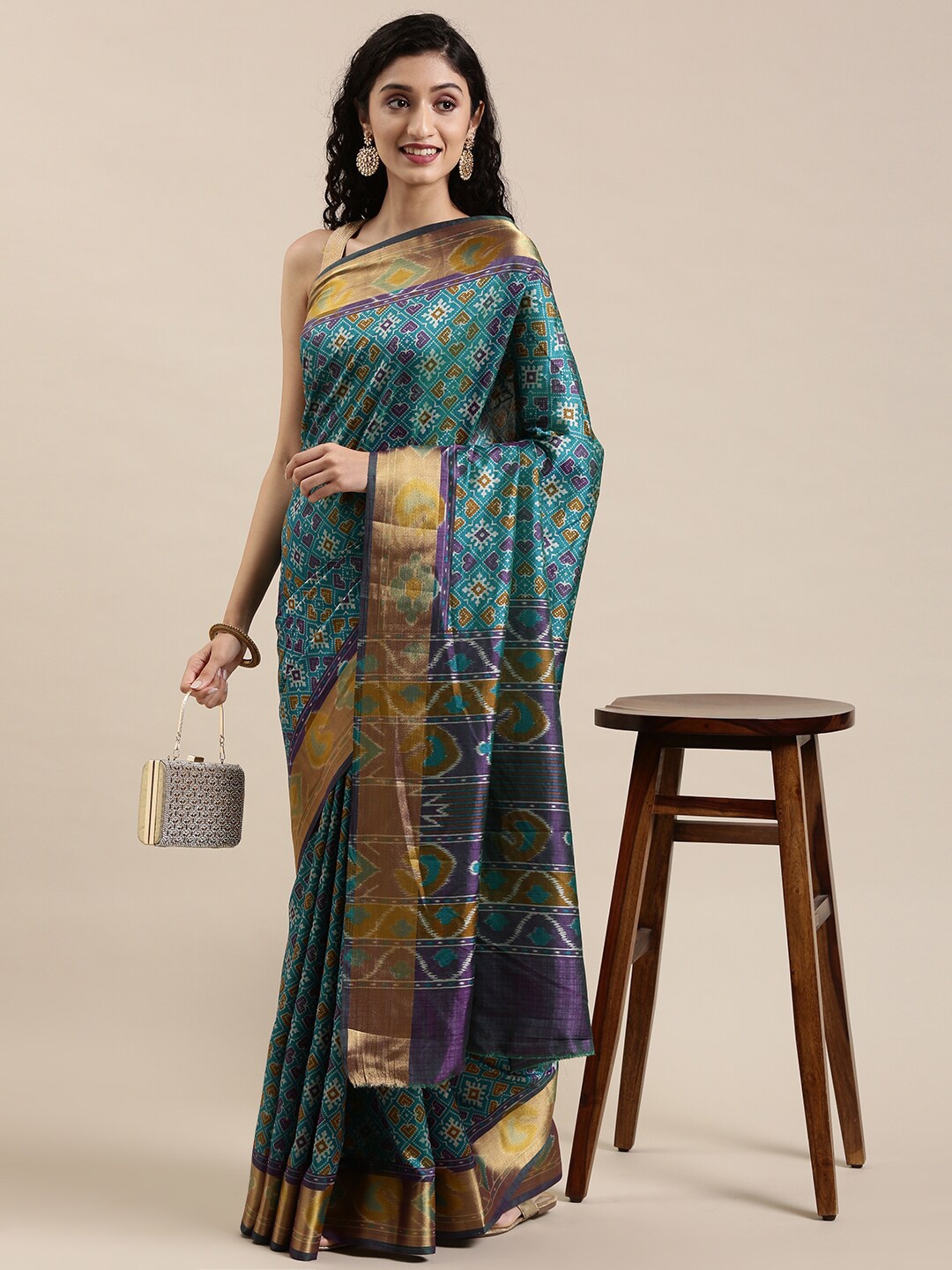 

The Chennai Silks Blue & Gold-Toned Printed Zari Saree