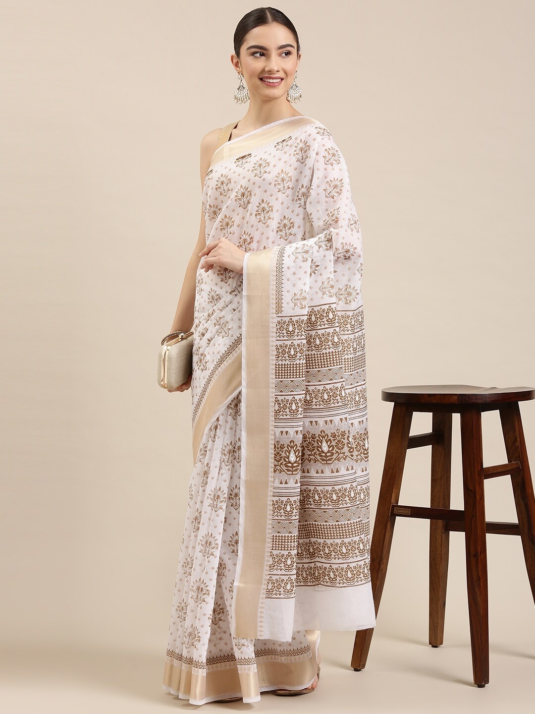 

The Chennai Silks Off White & Brown Floral Zari Pure Cotton Fusion Saree