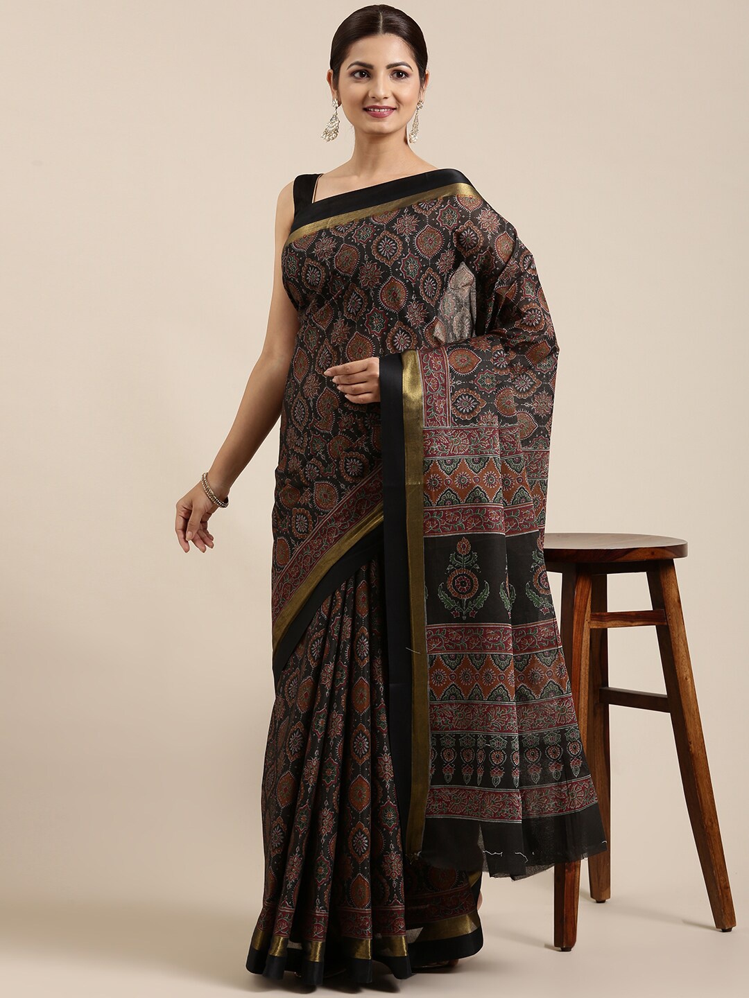 

The Chennai Silks Black & Red Zari Pure Cotton Chanderi Saree