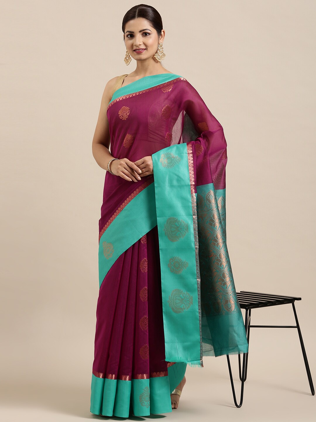 

The Chennai Silks Purple & Turquoise Blue Ethnic Motifs Zari Silk Cotton Maheshwari Saree