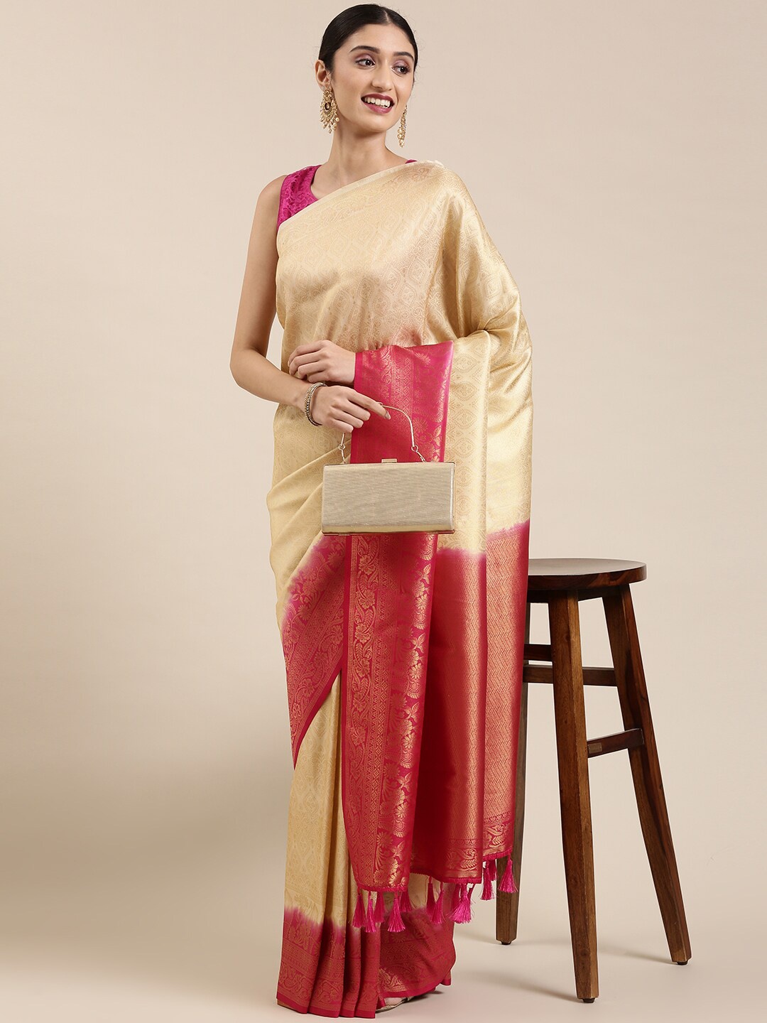 

The Chennai Silks Cream-Coloured & Red Floral Zari Art Silk Fusion Saree
