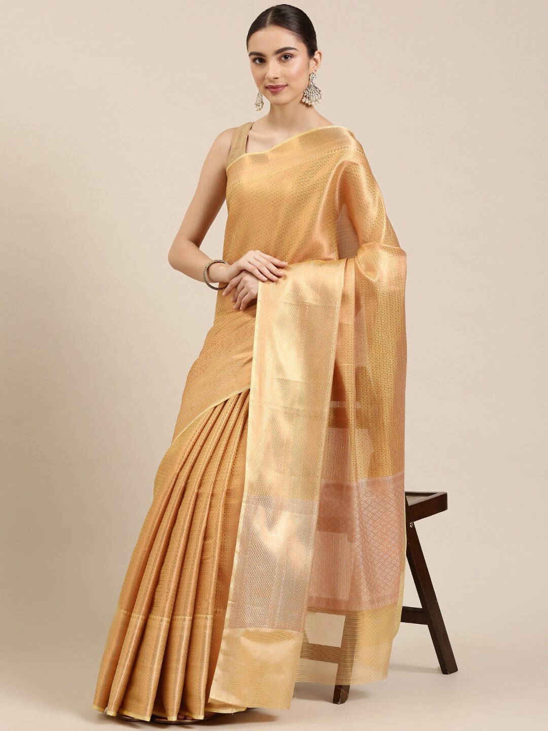 

The Chennai Silks Mustard & Gold-Toned Floral Zari Organza Banarasi Saree