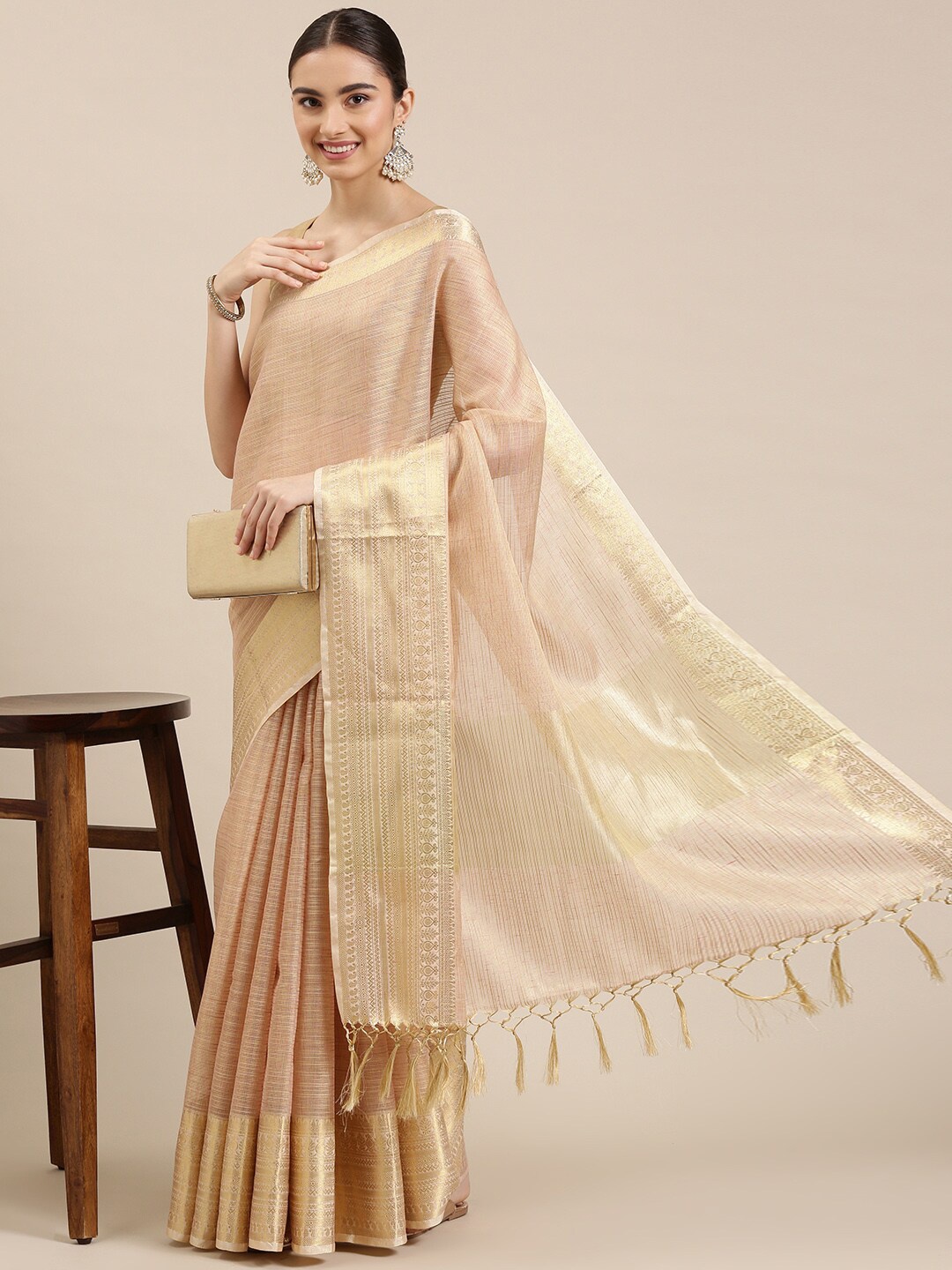 

The Chennai Silks Cream-Coloured & Gold-Toned Woven Design Zari Organza Fusion Banarasi Saree