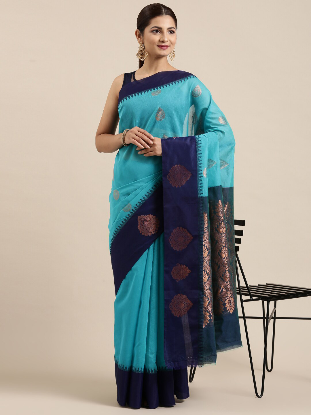 

The Chennai Silks Blue & Copper-Toned Ethnic Motifs Zari Silk Cotton Maheshwari Saree