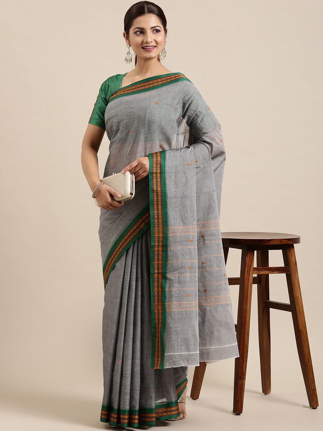 

The Chennai Silks Grey & Green Ethnic Motifs Zari Pure Cotton Chettinad Saree