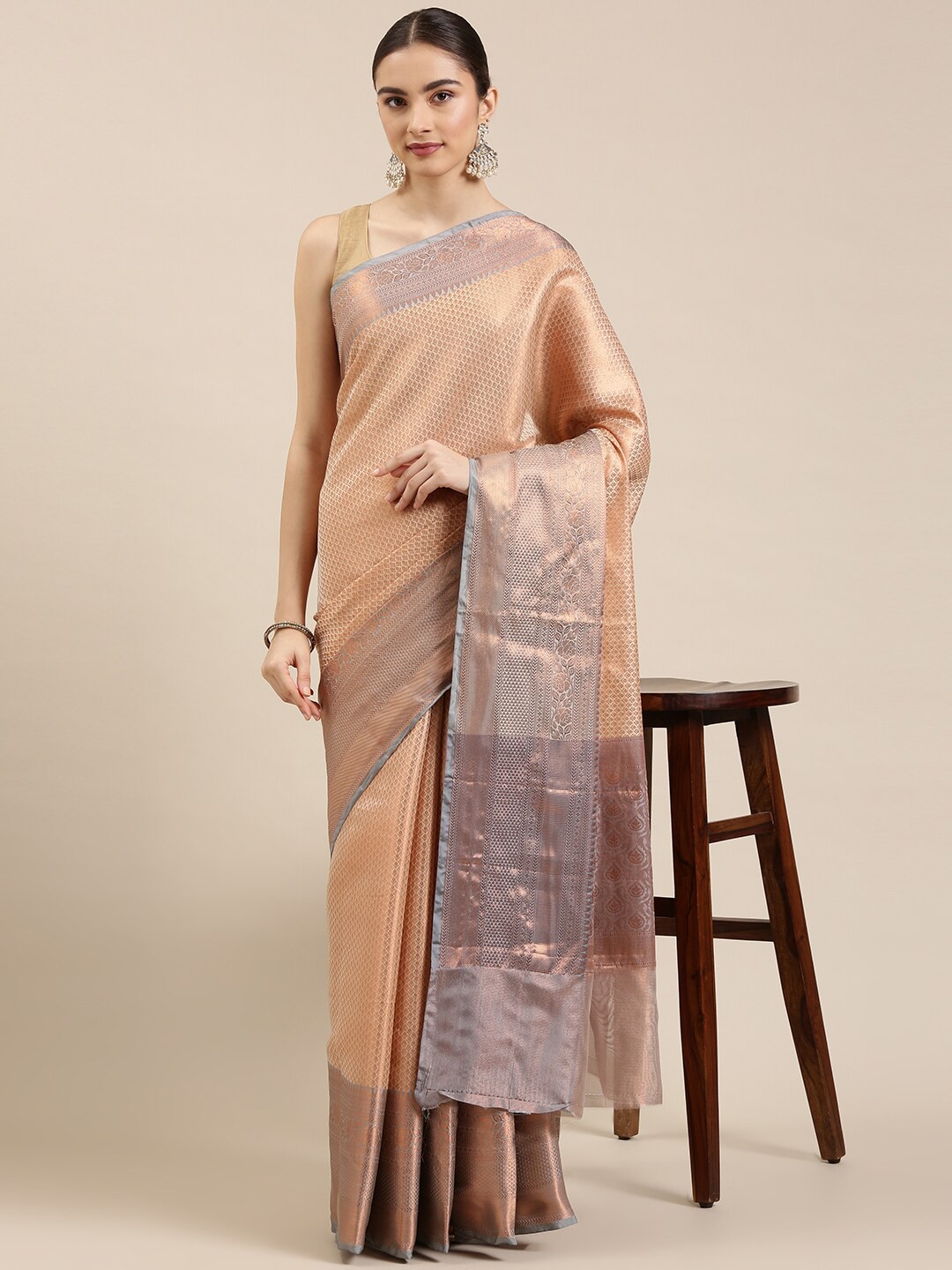 

The Chennai Silks Brown & Gold-Toned Ethnic Motifs Zari Organza Banarasi Saree