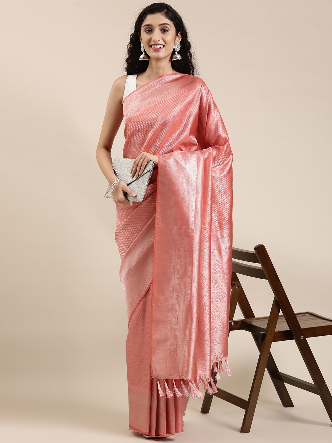 

The Chennai Silks Coral & Silver-Toned Floral Zari Art Silk Saree