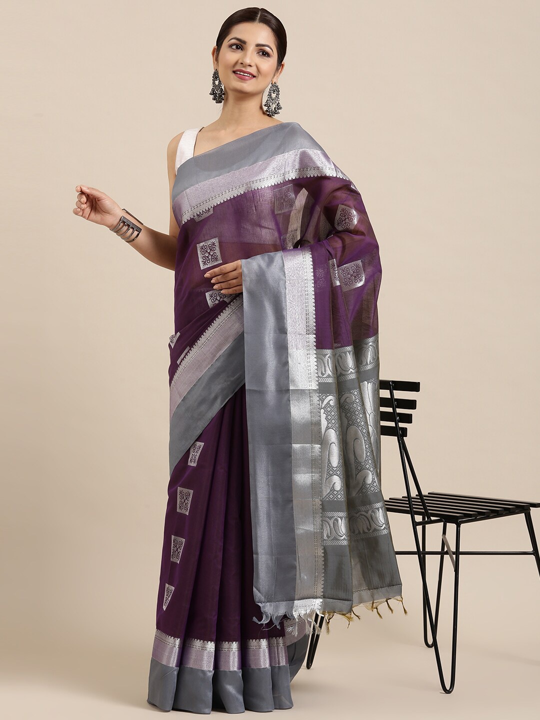 

The Chennai Silks Purple & Silver-Toned Ethnic Motifs Zari Silk Cotton Maheshwari Saree