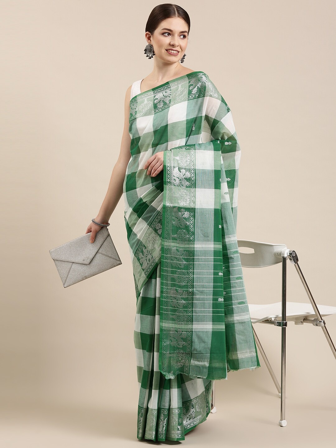 

The Chennai Silks Green & White Checked Zari Pure Cotton Chettinad Saree