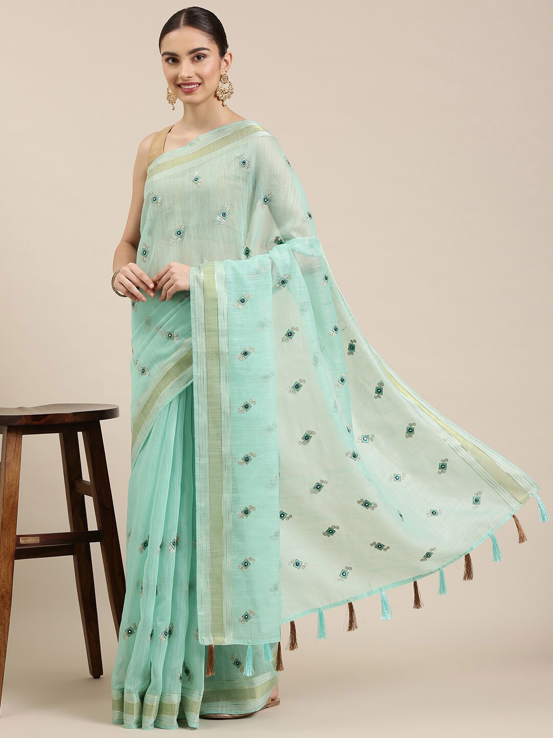 

The Chennai Silks Sea Green & Gold-Toned Embellished Mirror Work Pure Cotton Saree