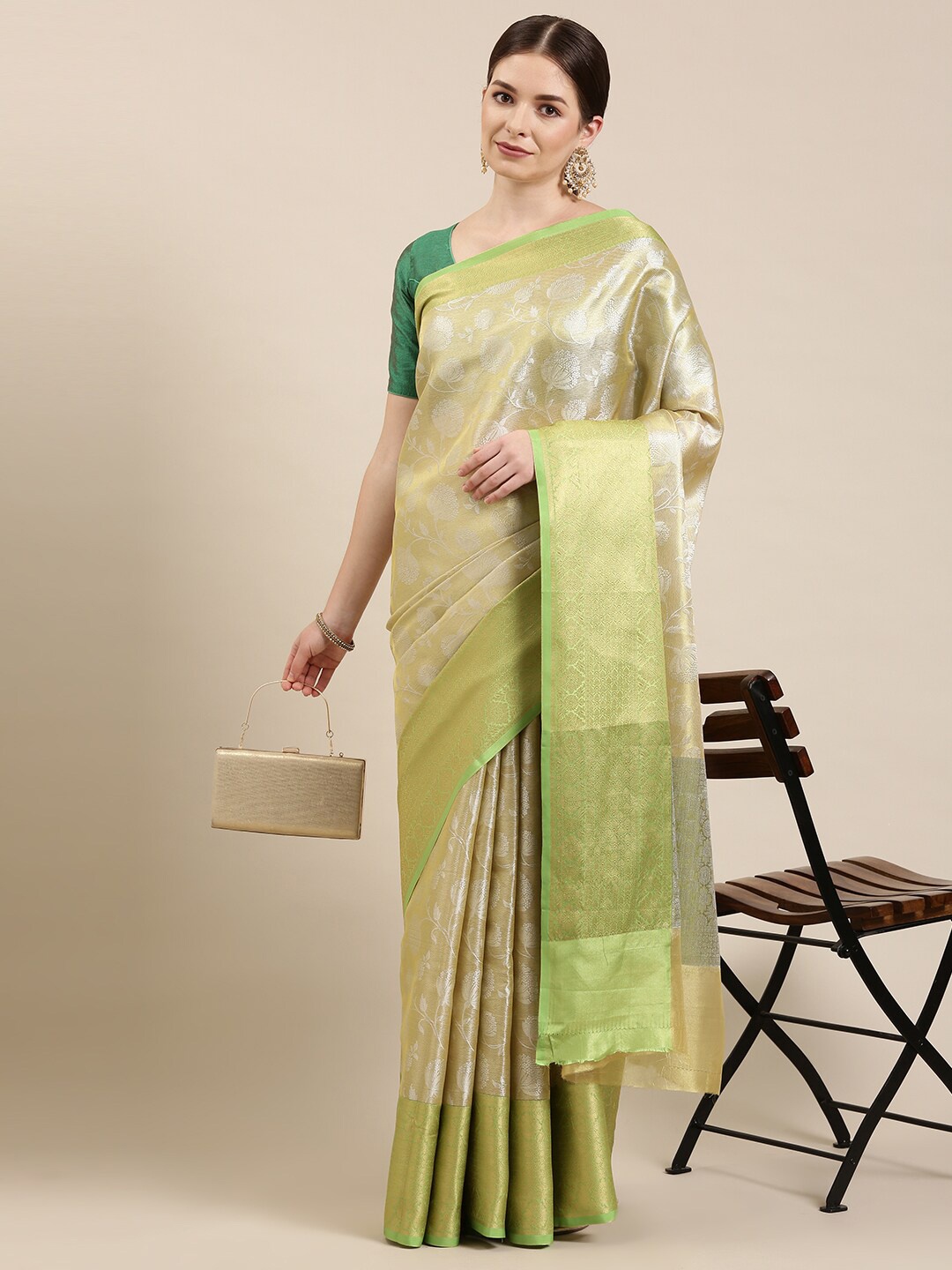

The Chennai Silks Gold-Toned & Gold-Toned Woven Design Organza Banarasi Saree