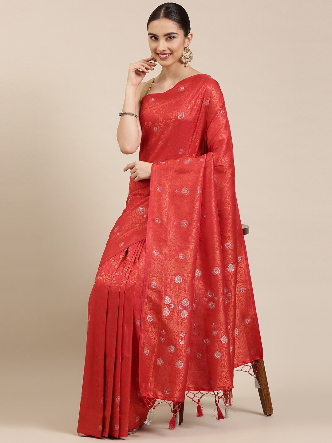 

The Chennai Silks Red & Gold-Toned Floral Zari Art Silk Saree