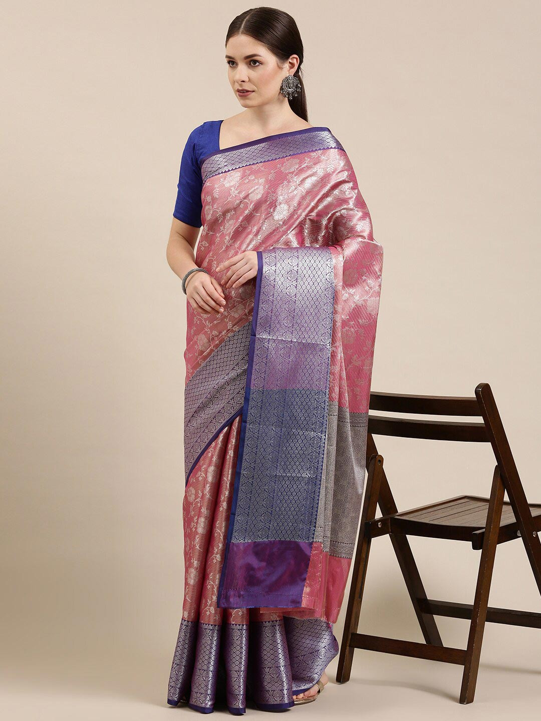 

The Chennai Silks Pink & Blue Floral Zari Organza Banarasi Saree