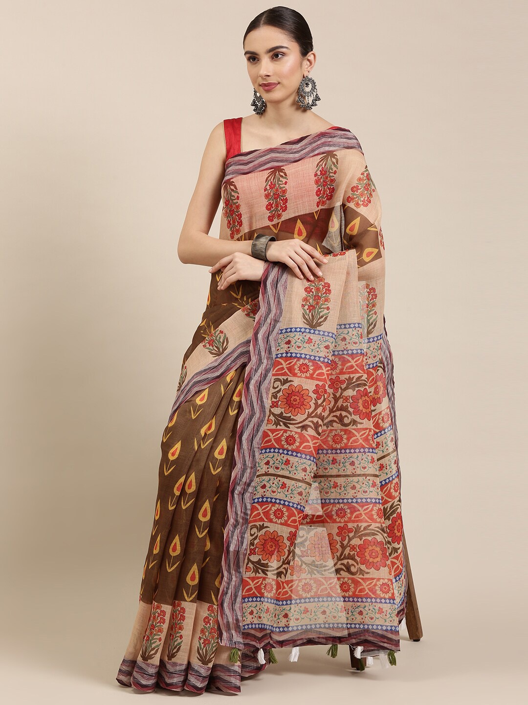 

The Chennai Silks Beige & Red Ethnic Motifs Linen Blend Fusion Saree