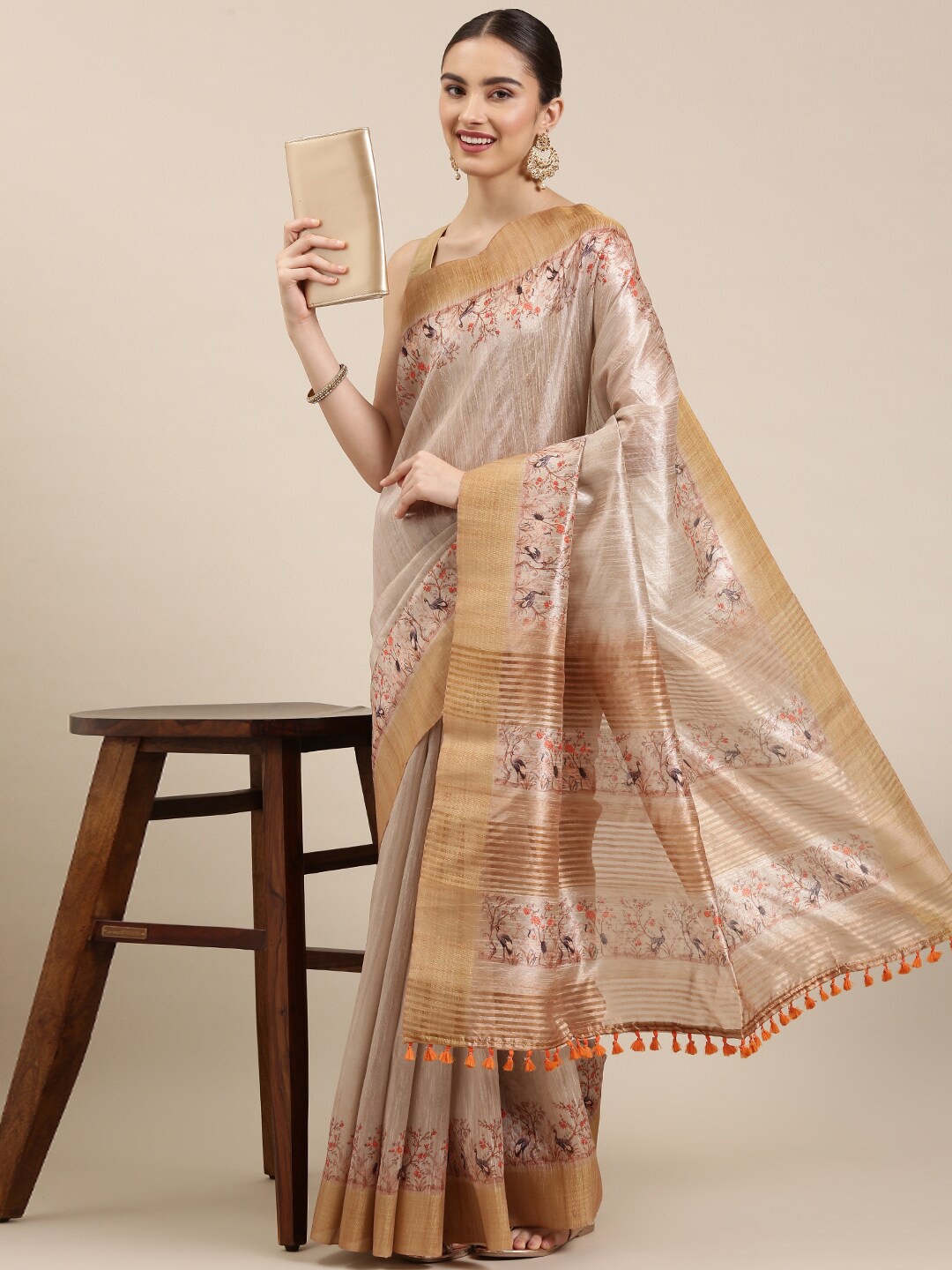 

The Chennai Silks Beige & Red Ethnic Motifs Zari Bhagalpuri Saree