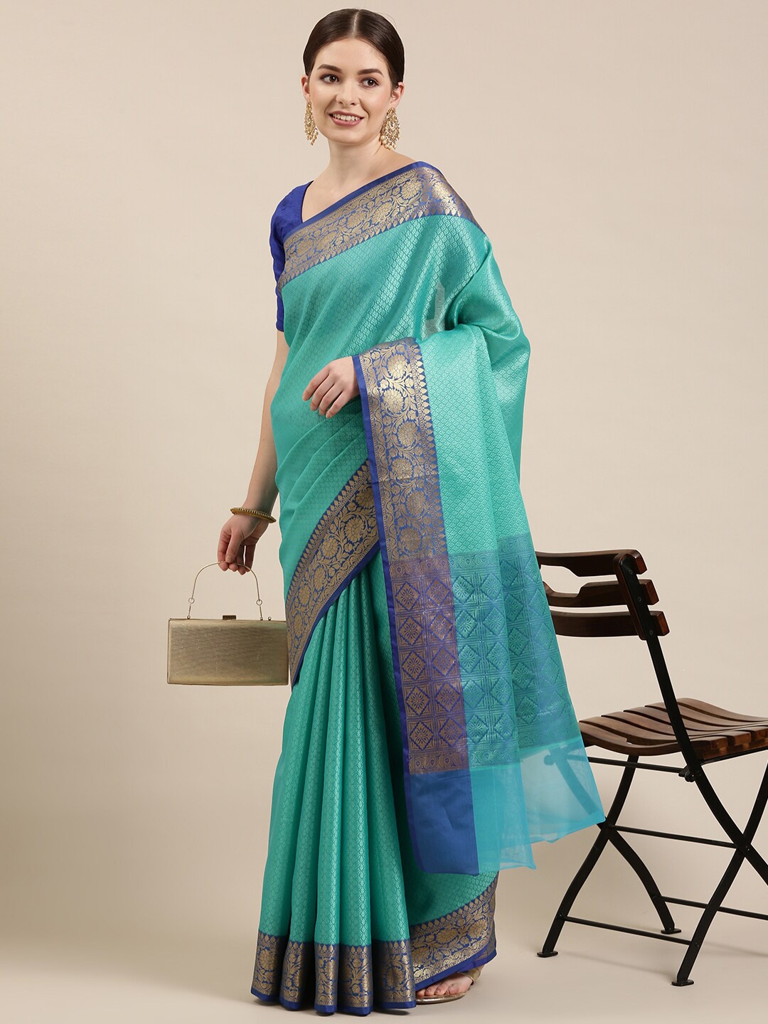 

The Chennai Silks Turquoise Blue & Blue Woven Design Beads and Stones Organza Fusion Banarasi Saree