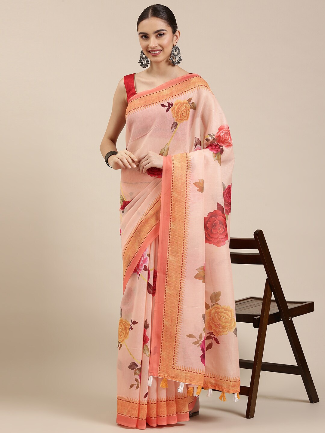 

The Chennai Silks Orange & Gold-Toned Floral Bhagalpuri Saree