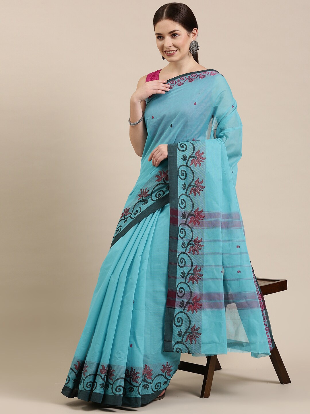 

The Chennai Silks Blue Ethnic Motifs Pure Cotton Fusion Chettinad Saree