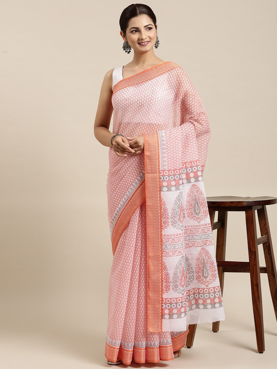 

The Chennai Silks White & Orange Paisley Pure Cotton Saree