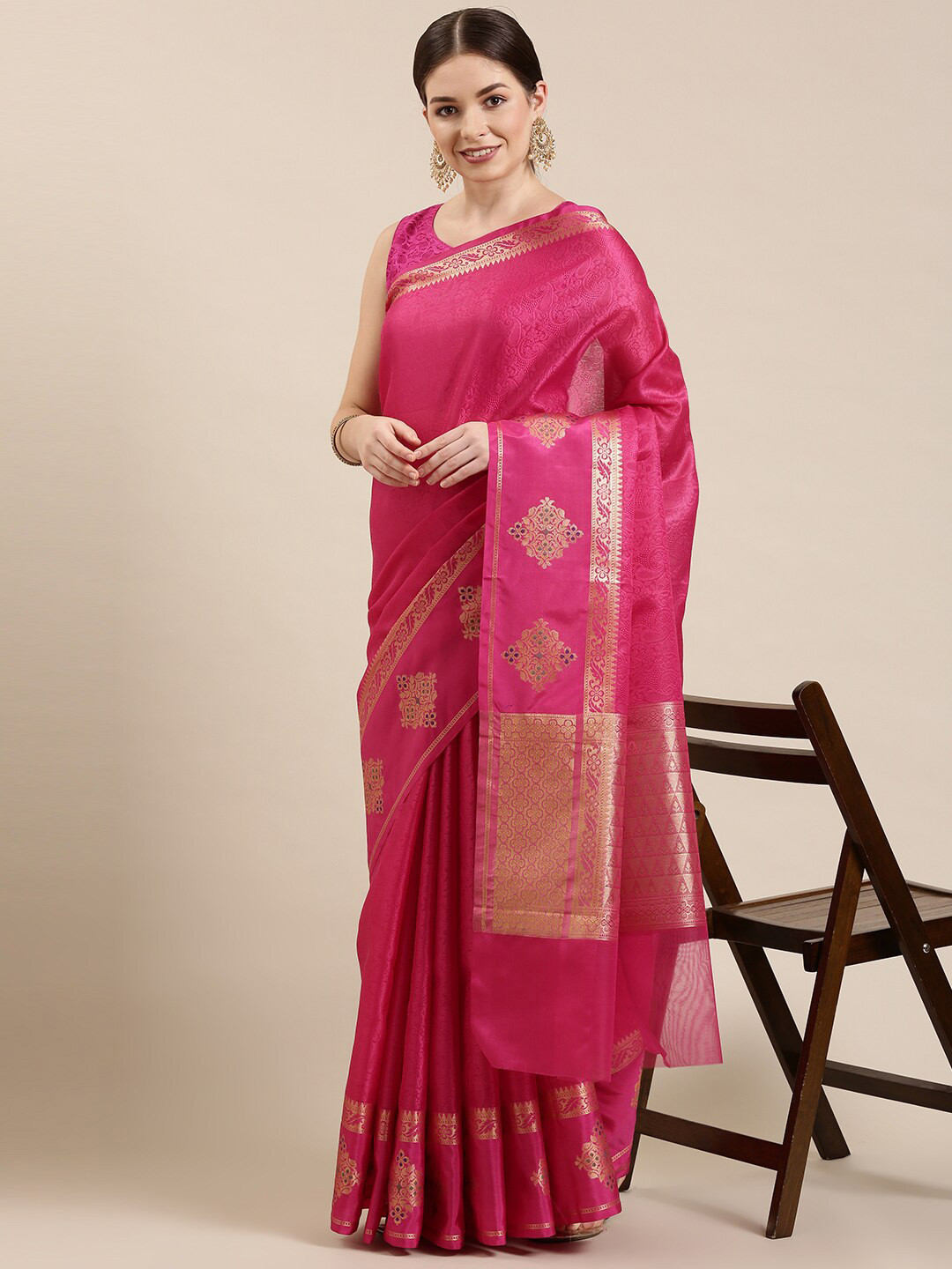 

The Chennai Silks Women Pink & Gold-Toned Woven Design Zari Organza Fusion Banarasi Saree