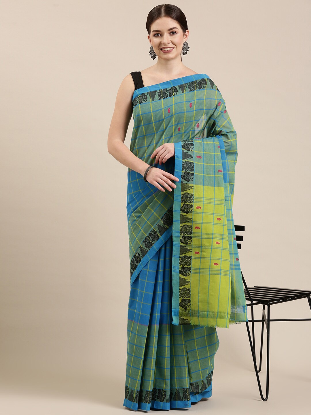 

The Chennai Silks Blue & Black Checked Pure Cotton Chettinad Saree