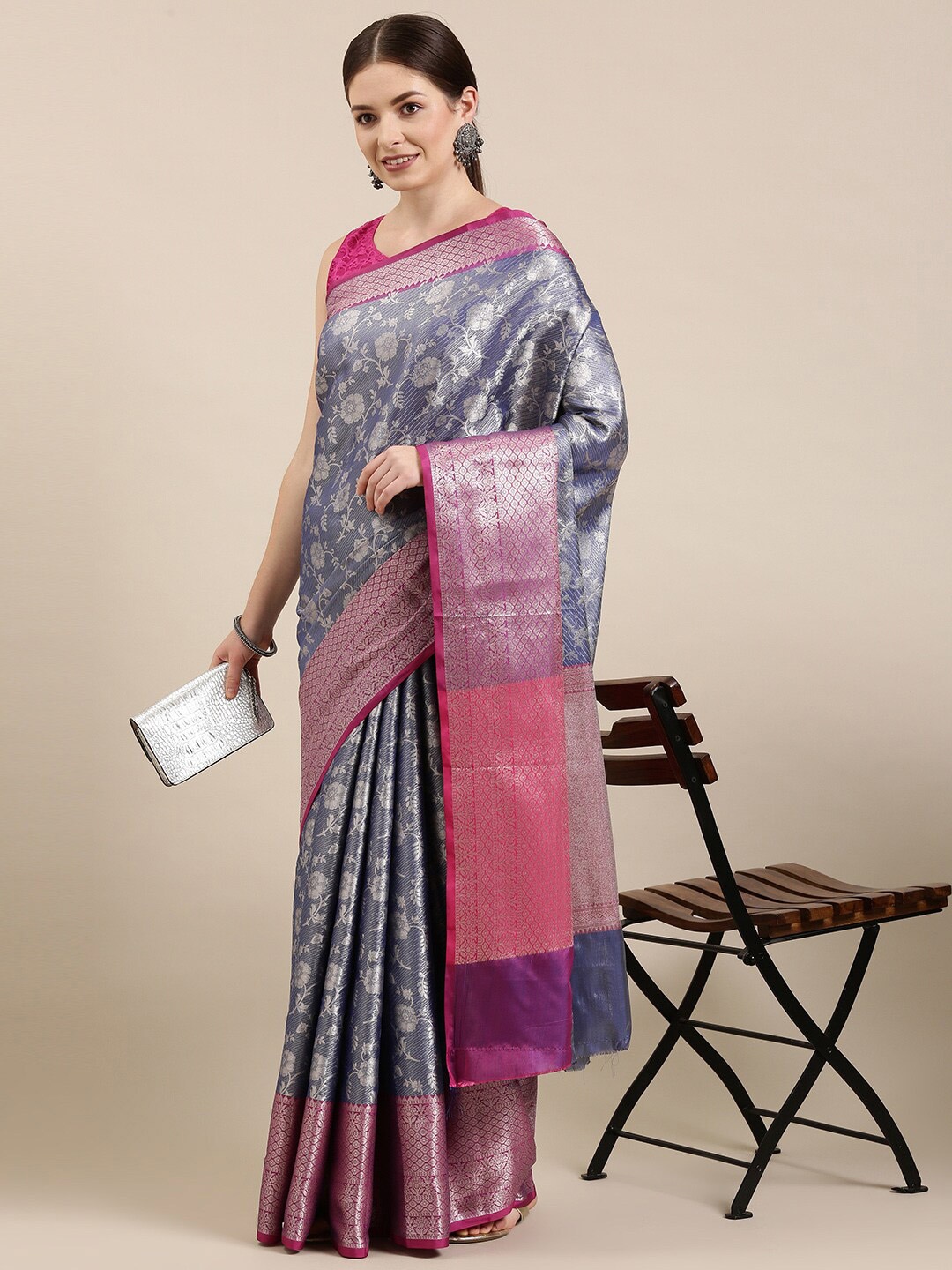 

The Chennai Silks Navy Blue & Pink Woven Design Zari Organza Banarasi Saree