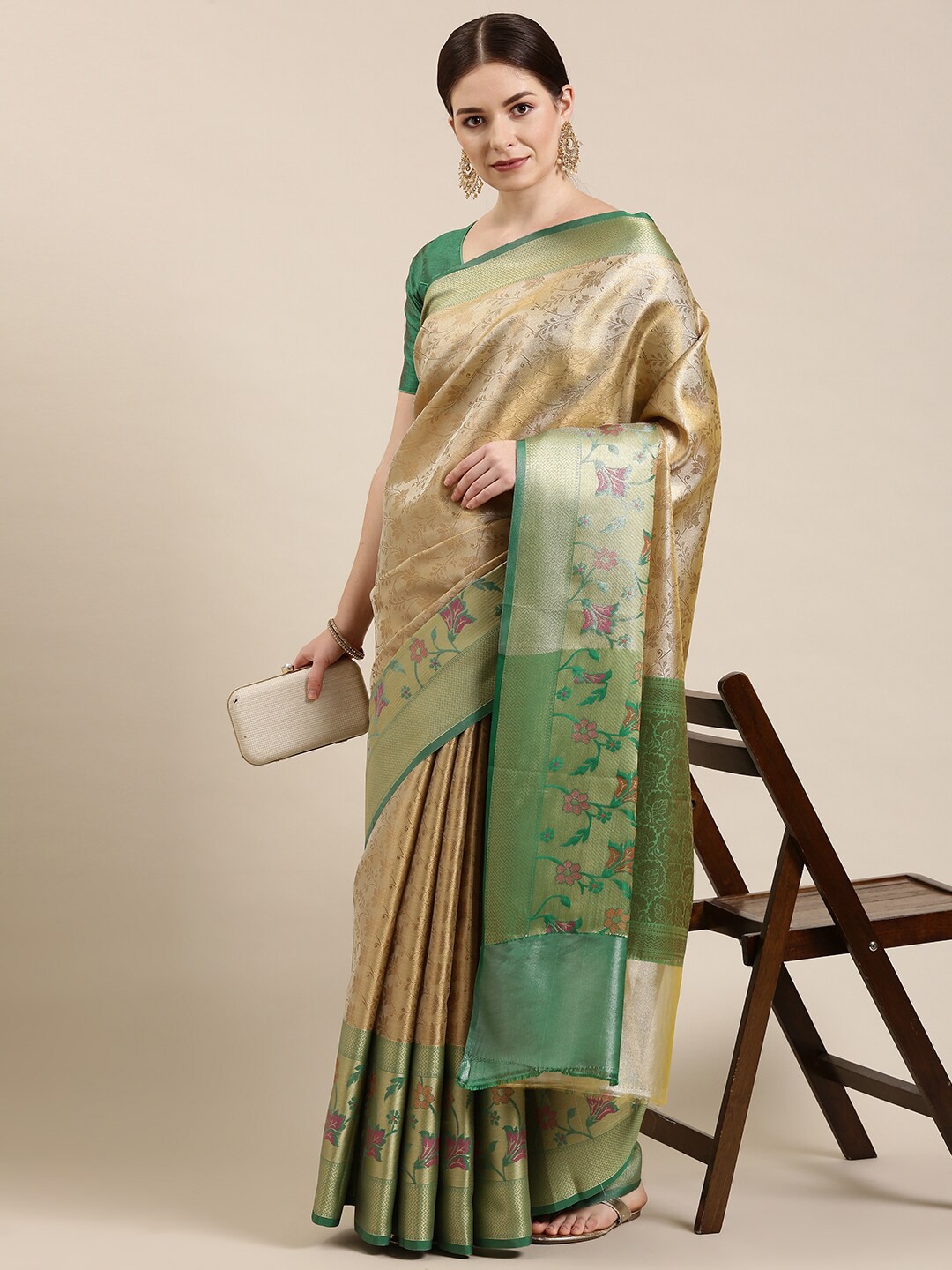 

The Chennai Silks Gold-Toned & Green Floral Zari Organza Banarasi Saree