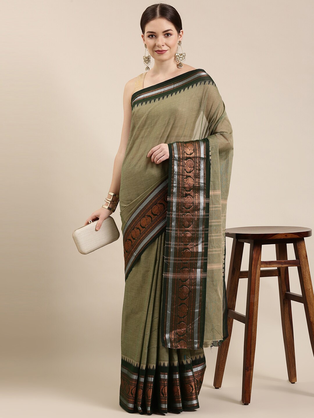 

The Chennai Silks Green & Black Zari Pure Cotton Fusion Chettinad Saree