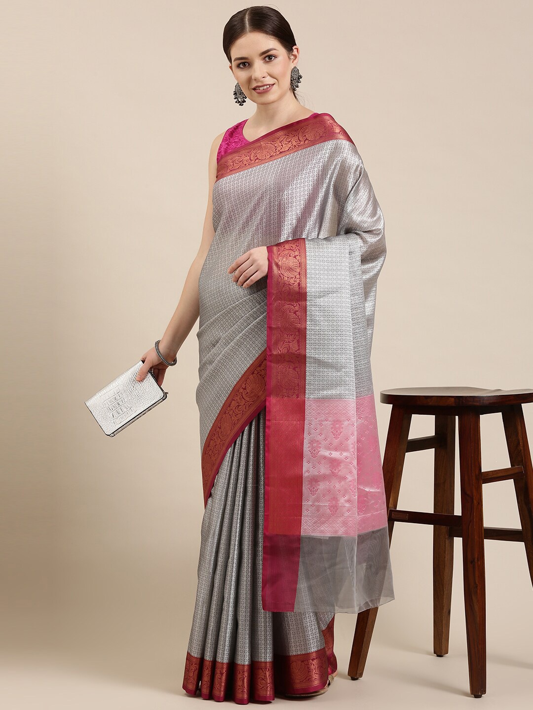 

The Chennai Silks Grey & Pink Ethnic Motifs Organza Banarasi Saree