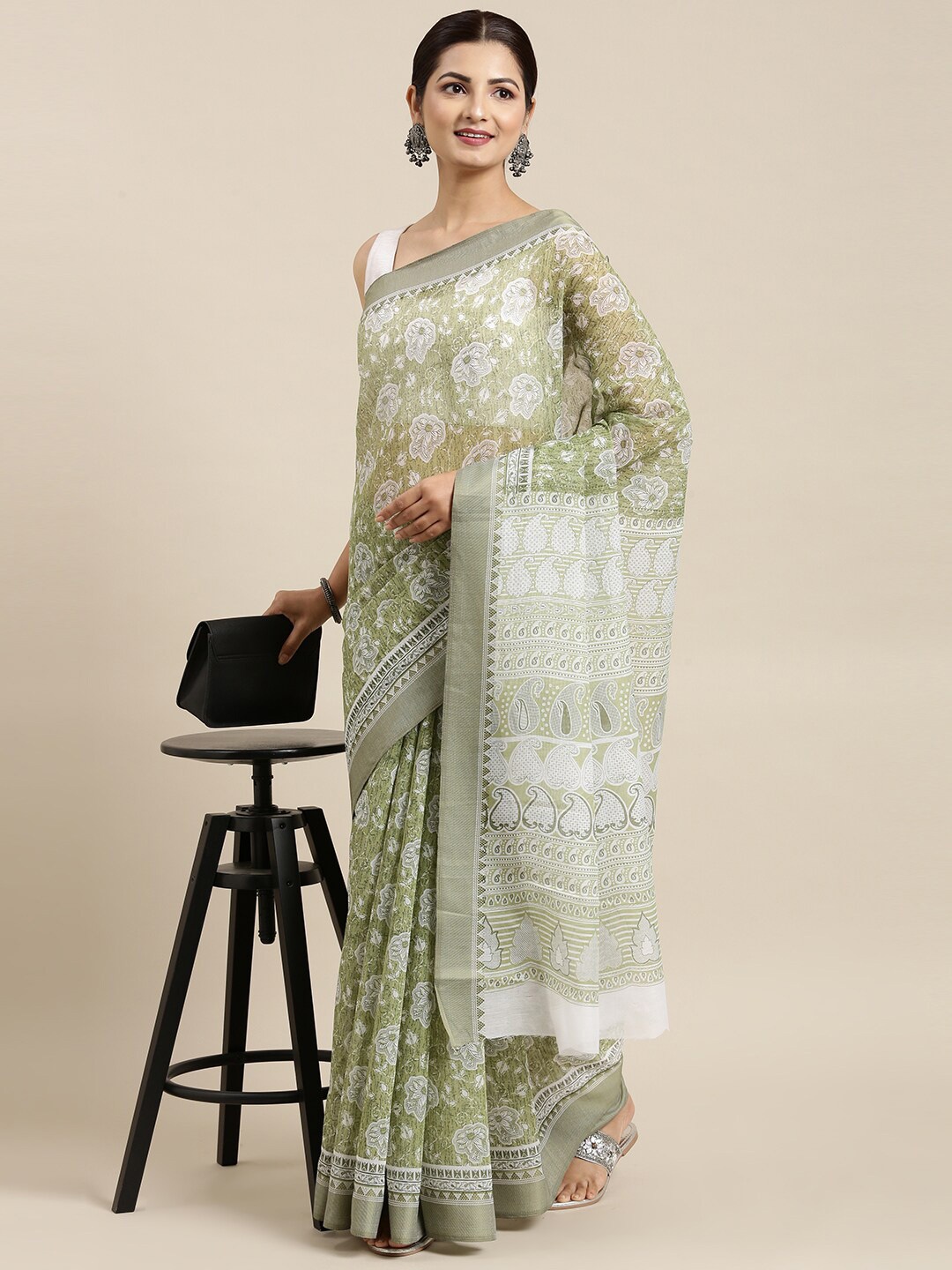 

The Chennai Silks Green & White Floral Pure Cotton Fusion Saree