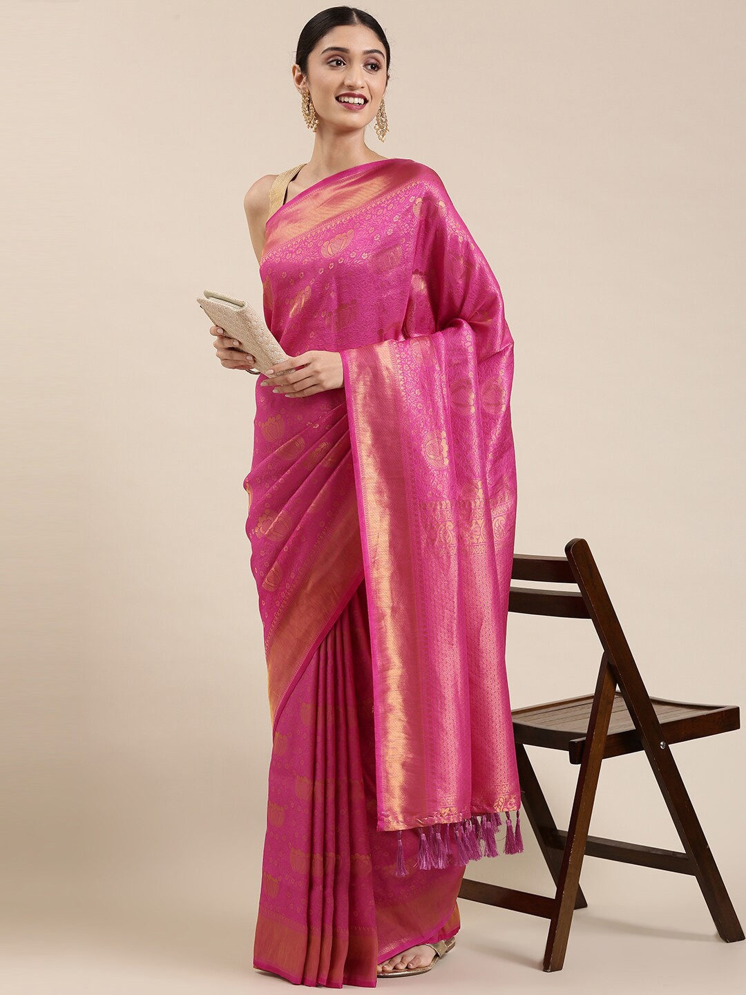 

The Chennai Silks Pink & Gold-Toned Woven Design Zari Art Silk Fusion Saree