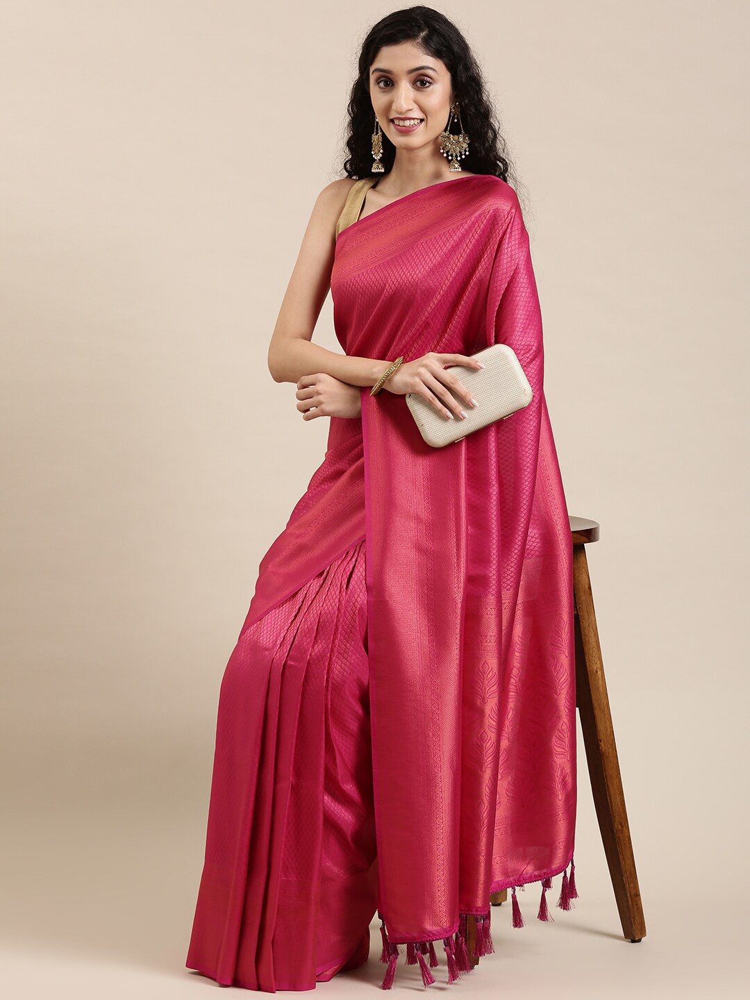 

The Chennai Silks Pink & Gold-Toned Floral Art Silk Fusion Saree