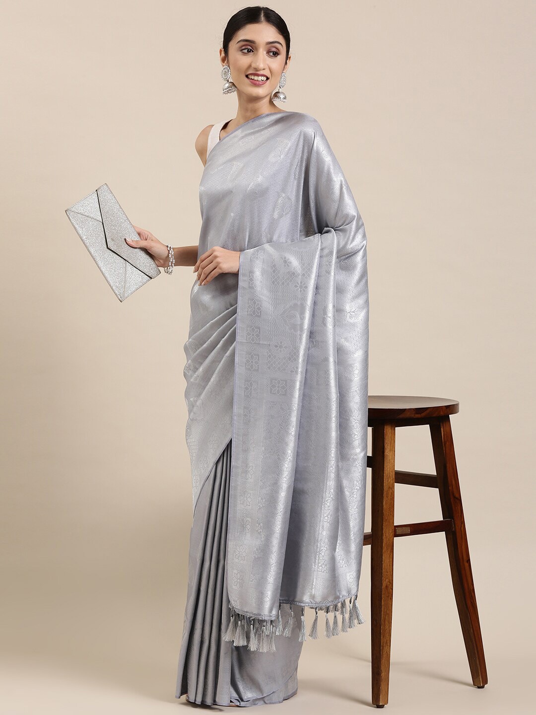 

The Chennai Silks Women Grey Floral Zari Art Silk Fusion Saree