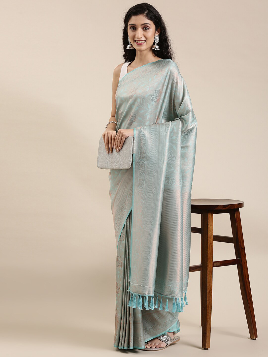 

The Chennai Silks Blue & Gold-Toned Woven Design Zari Art Silk Fusion Saree