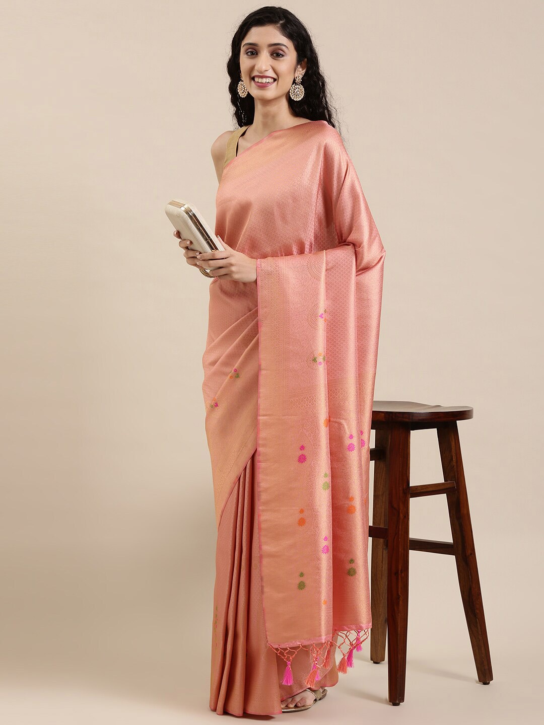 

The Chennai Silks Women Coral & Green Floral Zari Art Silk Fusion Saree