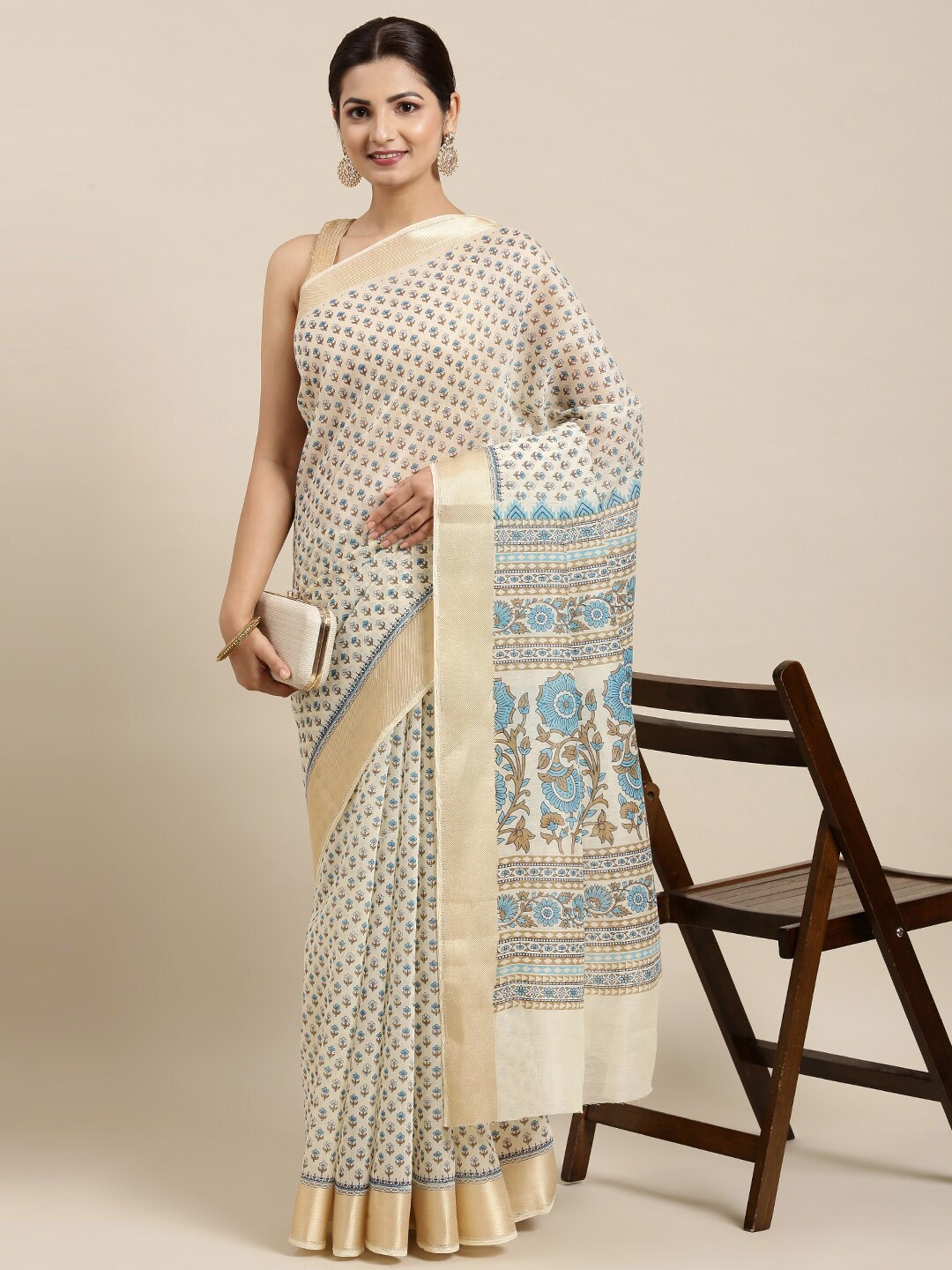 

The Chennai Silks Cream-Coloured & Blue Floral Zari Pure Cotton Saree