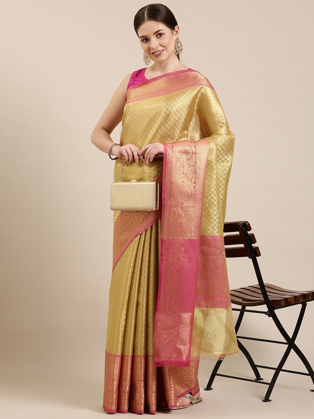 

The Chennai Silks Women Gold-Toned & Pink Zari Organza Fusion Banarasi Saree