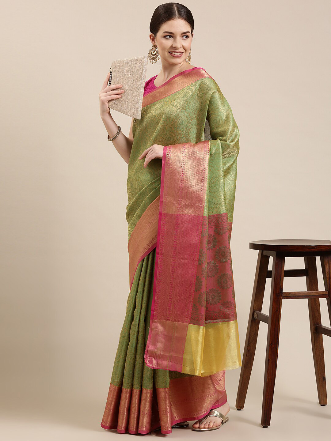 

The Chennai Silks Green & Pink Ethnic Motifs Zari Organza Banarasi Saree