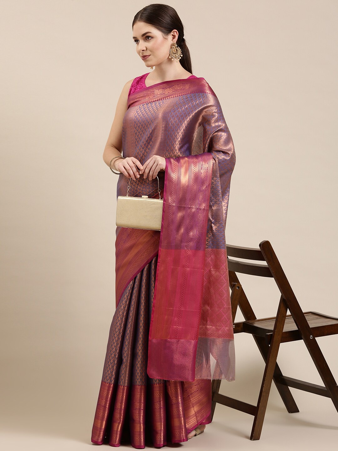 

The Chennai Silks Blue & Pink Woven Design Zari Organza Fusion Banarasi Saree
