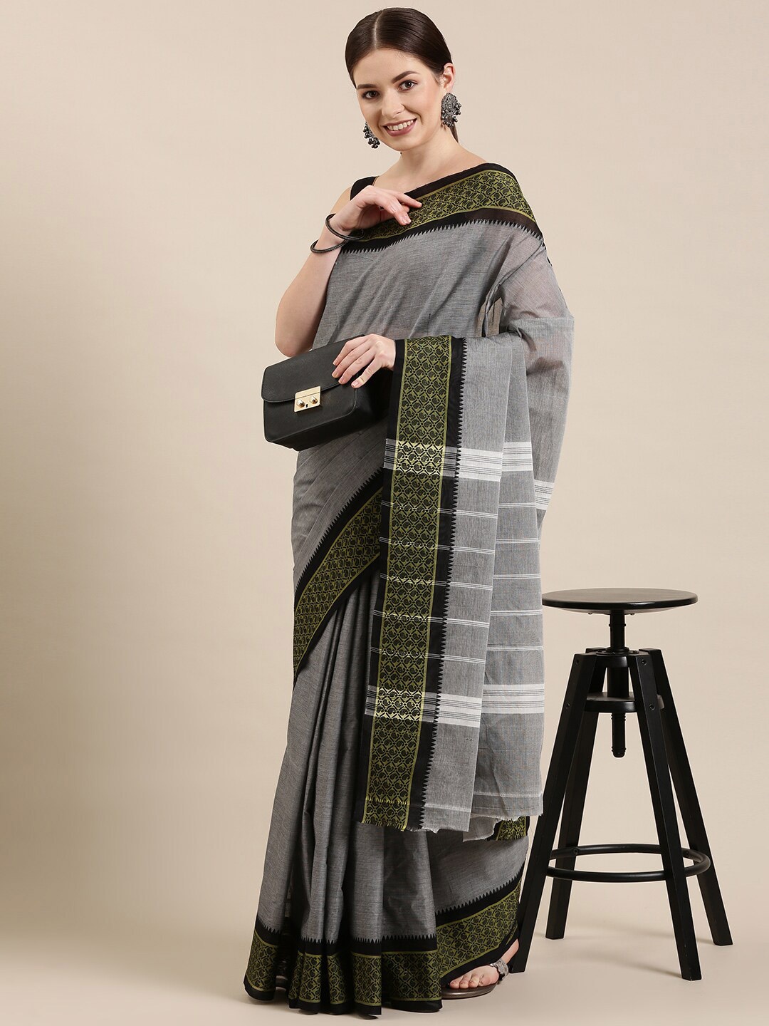 

The Chennai Silks Grey & White Striped Zari Pure Cotton Chettinad Saree