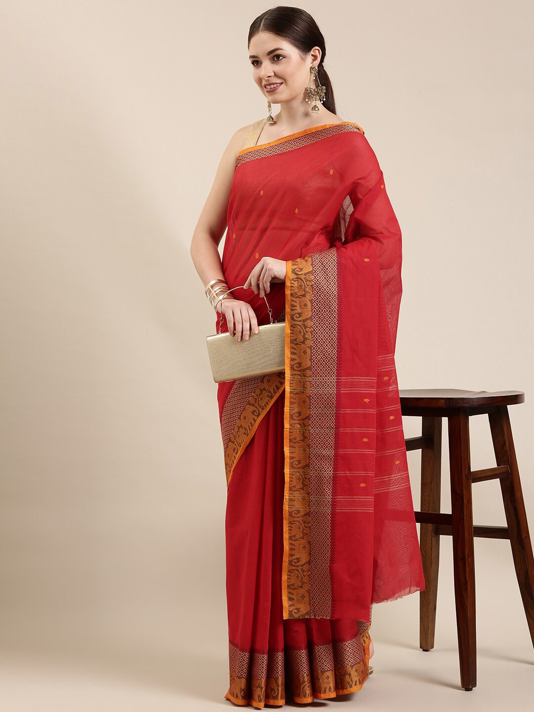 

The Chennai Silks Red & Yellow Ethnic Motifs Pure Cotton Chettinad Saree