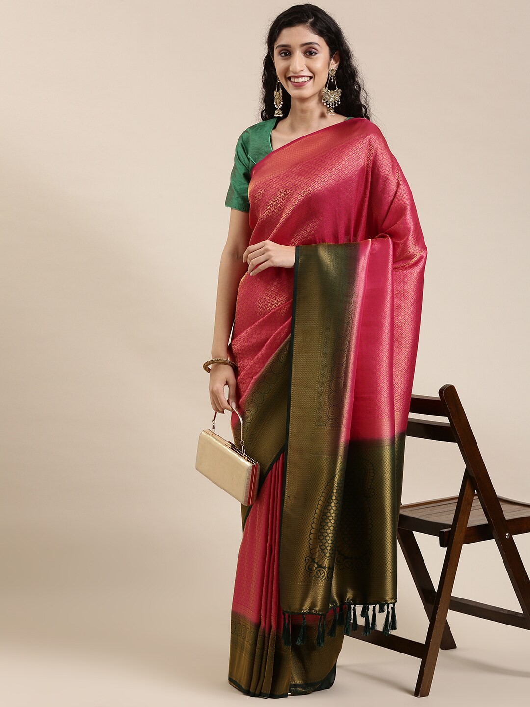 

The Chennai Silks Pink & Copper-Toned Floral Zari Art Silk Fusion Saree