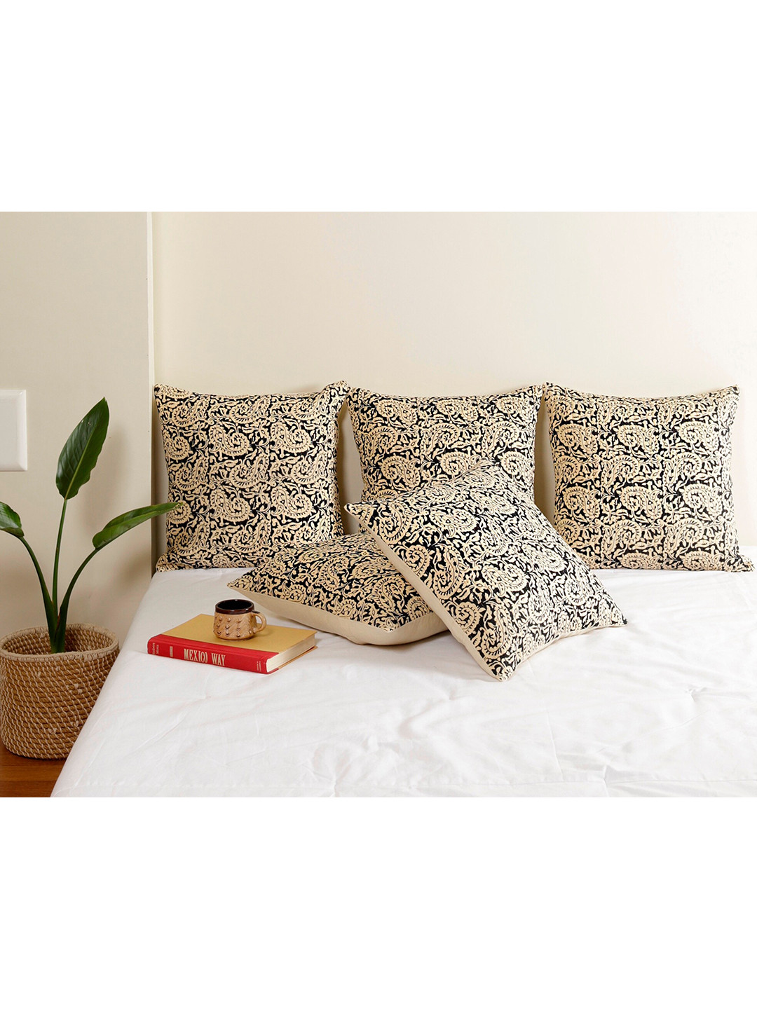 

HANDICRAFT PALACE Black & Beige Set of 2 Ethnic Motifs Square Cushion Covers 16 x16 inches