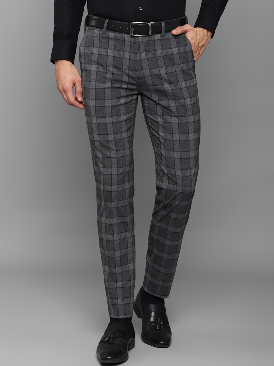 

Louis Philippe Men Grey Checked Slim Fit Trousers