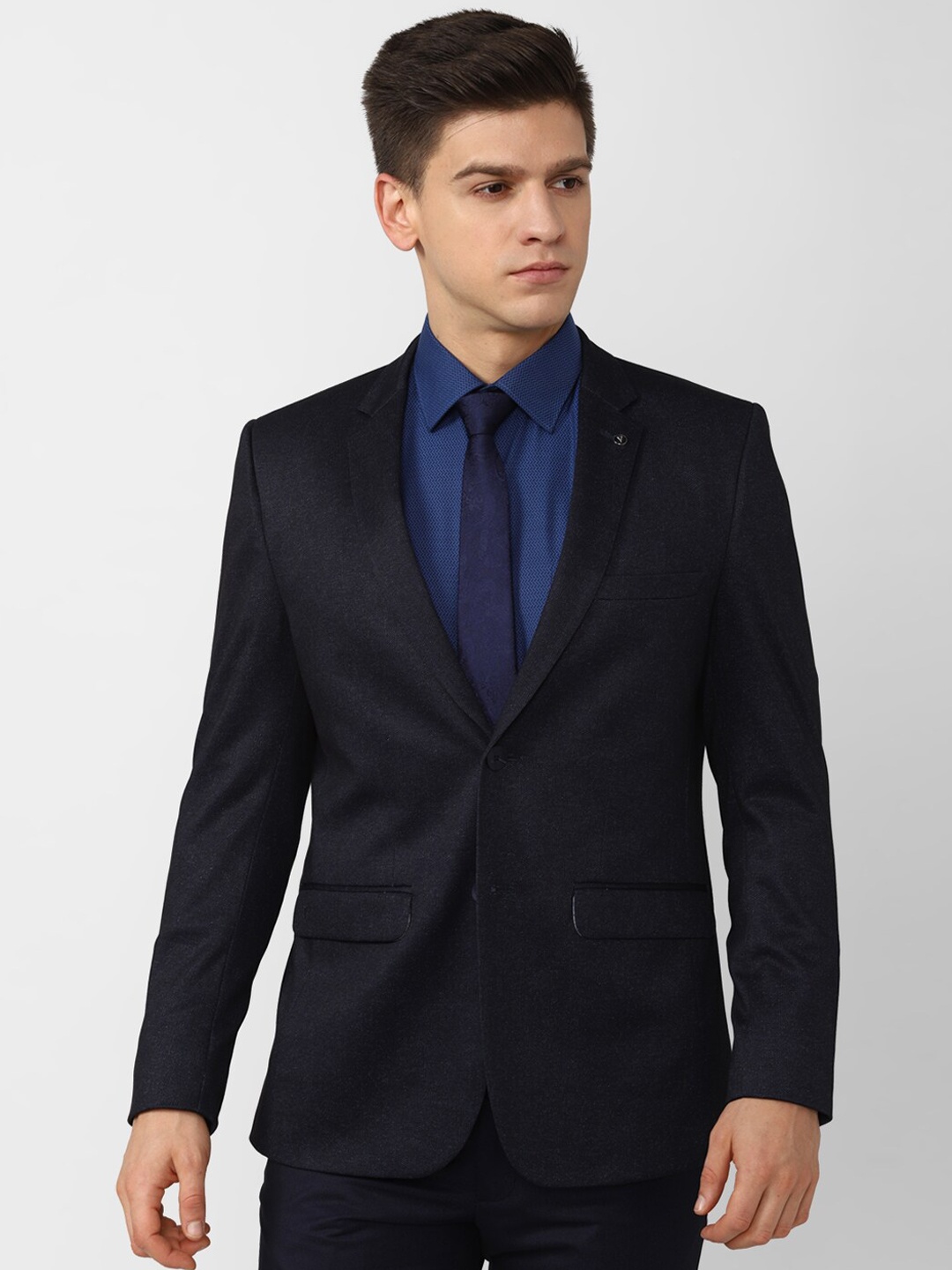 

Van Heusen Men Navy Blue Self Design Slim-Fit Single Breasted Formal Blazer