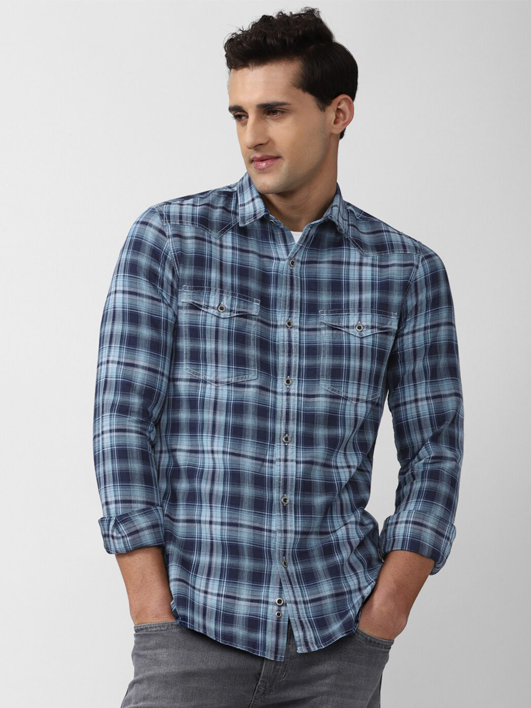 

Peter England Casuals Men Blue Slim Fit Tartan Checks Checked Casual Shirt