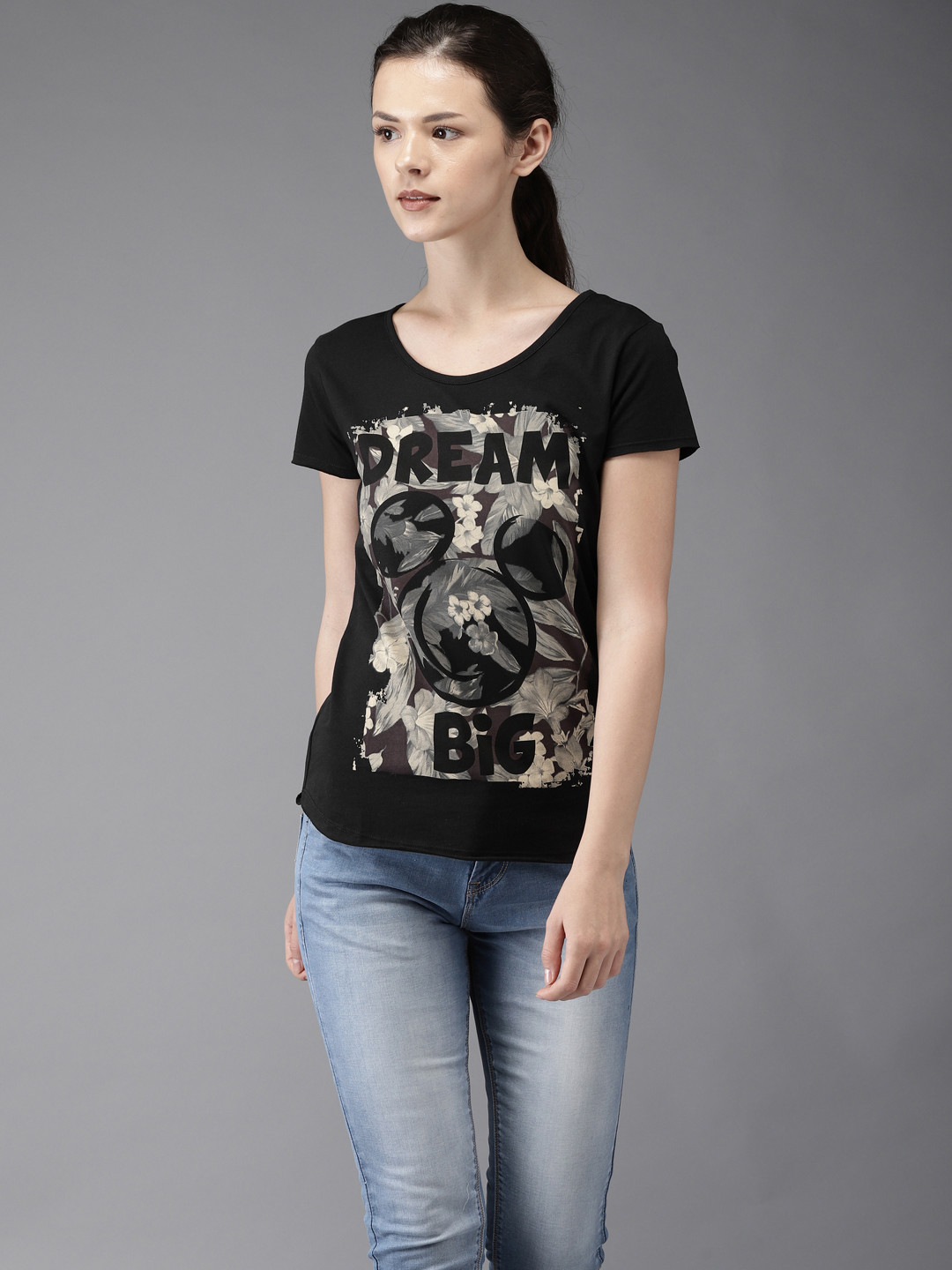 

Flying Machine Women Black Printed Round Neck Pure Cotton T-shirt