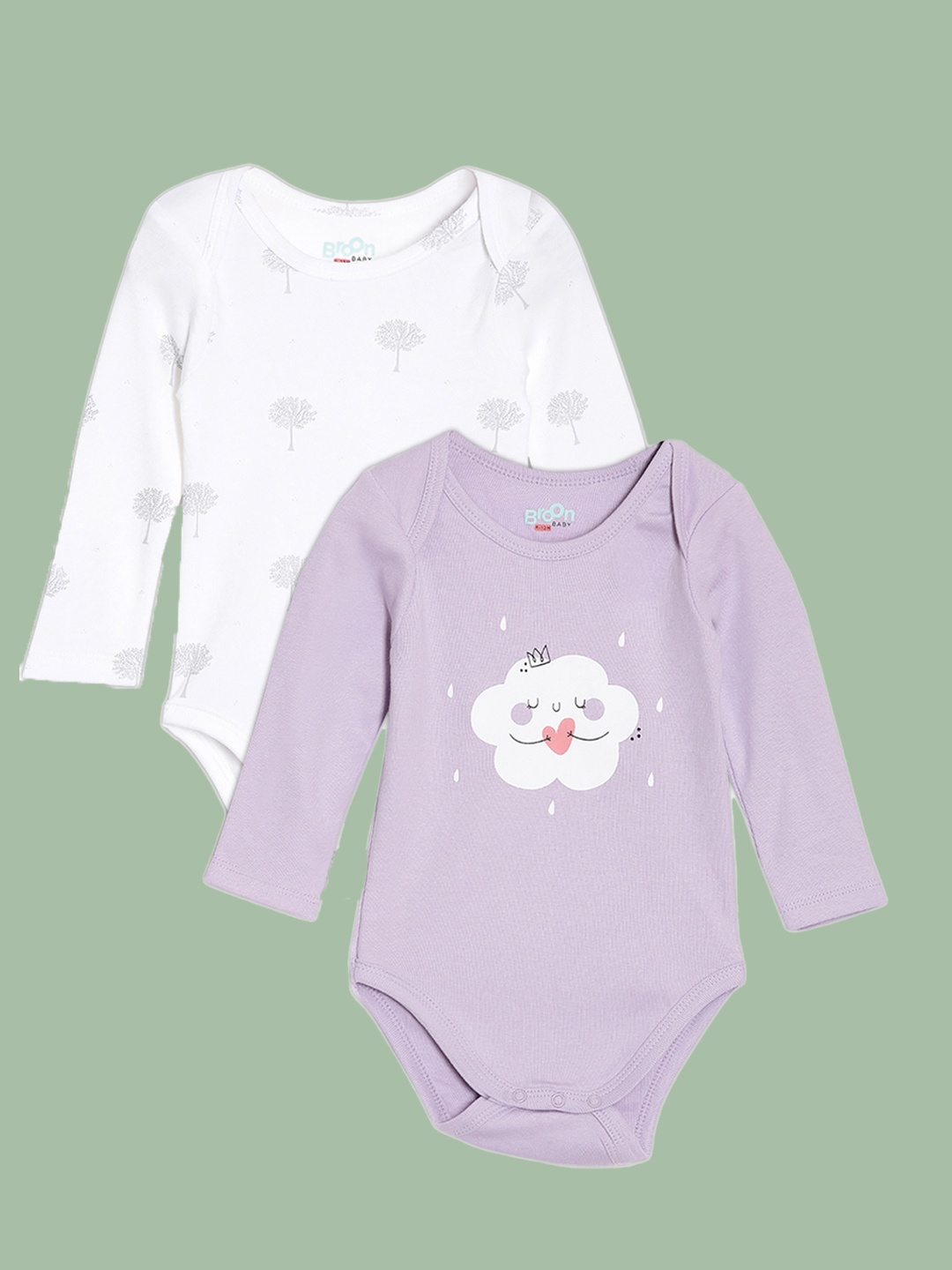 

Broon Infants Pack Of 2 Purple and White Printed Pure Organic Cotton Bodysuits