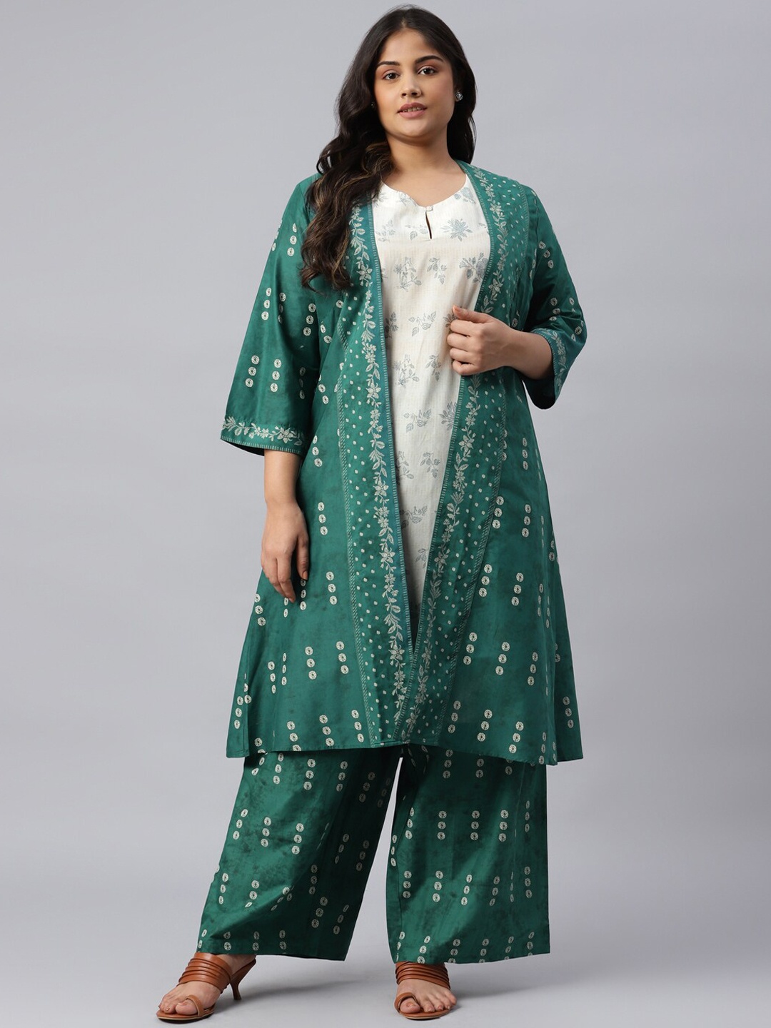 

W Women White Floral Printed Kurta with Palazzos & Jacket