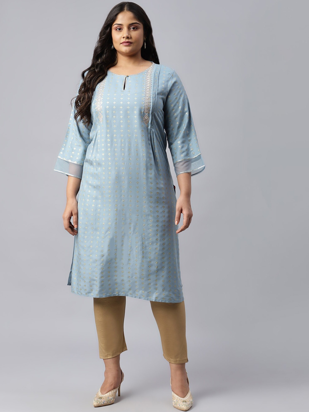 

W Women Blue Keyhole Neck Flared Sleeves Floral Kurta